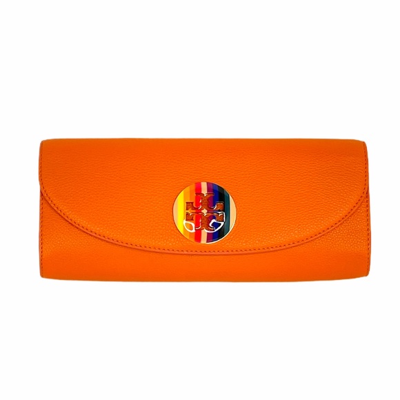 Tory Burch Handbags - Tory Burch Emma Leather Clutch Rainbow Logo Orange
